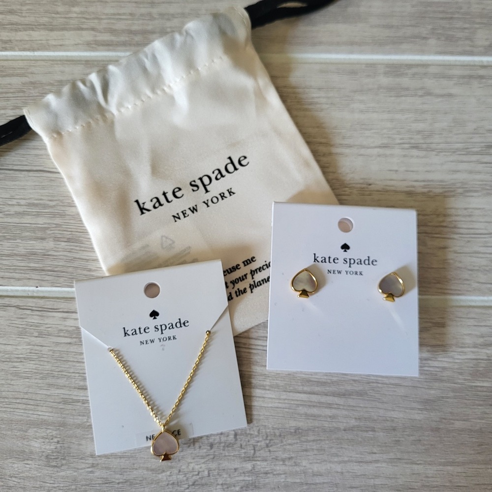 Kate Spade Signature Mother Of Pearl 16" Necklace & Stud Earrings Gold Plated...